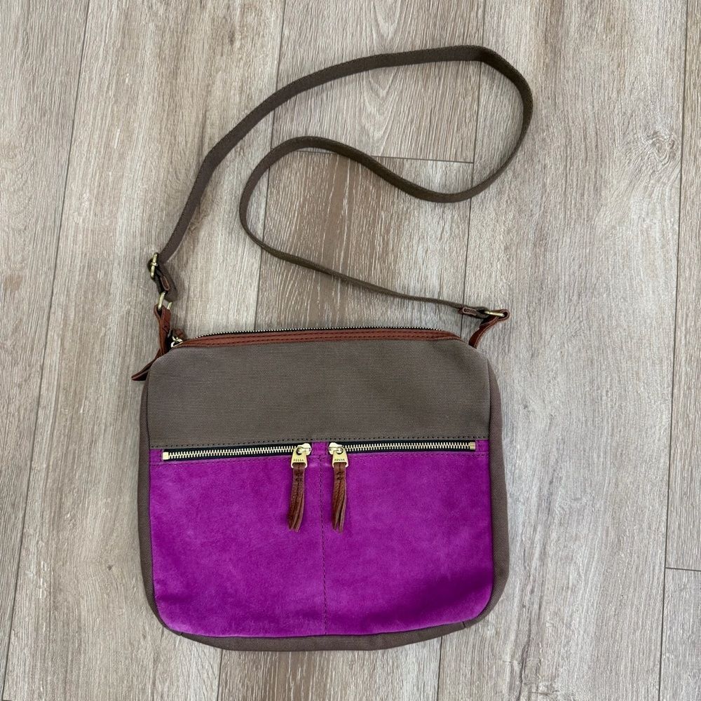 Fossil Erin Canvas and Leather Top Zip Crossbody Handbag Adjustable Pink Brown
